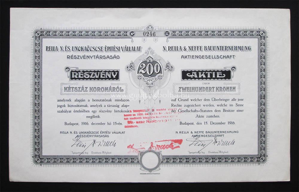 Rella N. és Unokaöccse Építési Vállalat 200 korona 1916